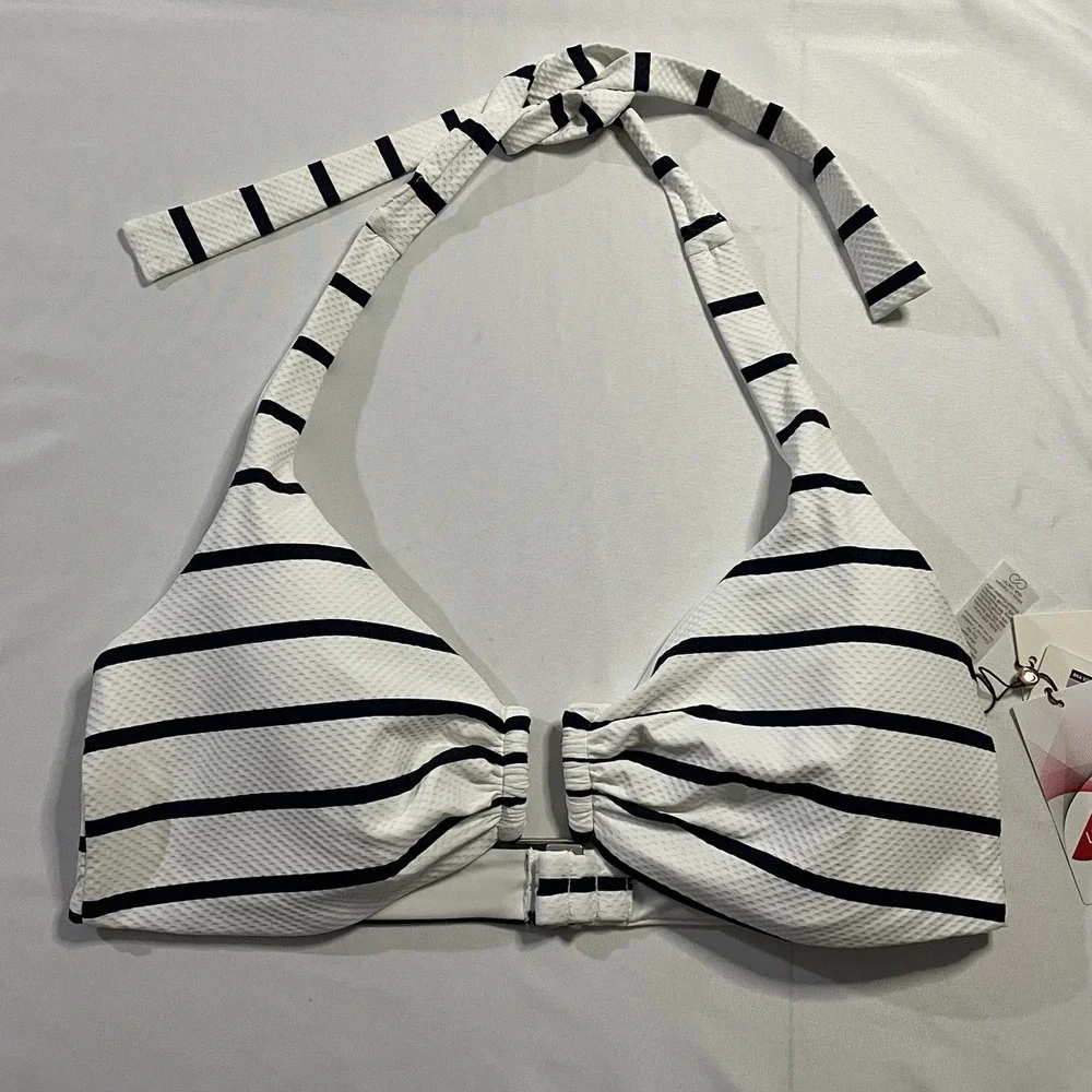CALIA Women's U-Bar Halter Bikini Top White Blue Stripe Mesh XXL NWT